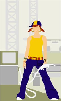 Woman standing at a gas station holding a nozzle