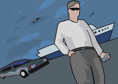 Man with a cell phone near luxury car and yacht