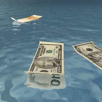 American and Euro bank notes floating on water