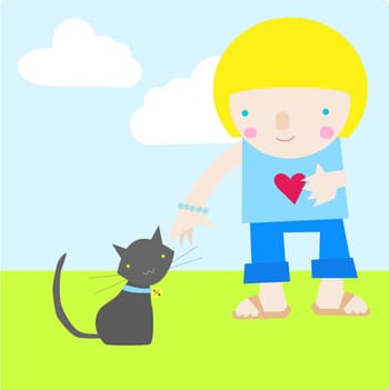 Girl standing besides a cat