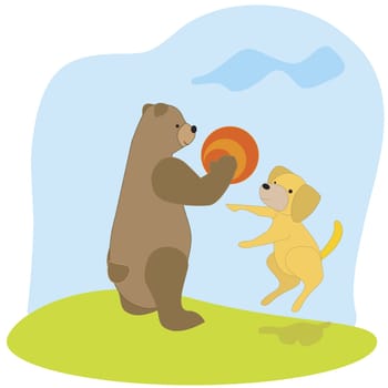 Bear and a dog playing with a ball
