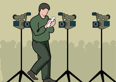 Man writing on paper near video cameras