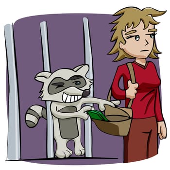 Raccoon stealing money from a woman's bag