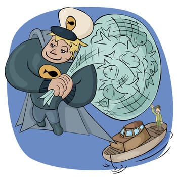 Superhero holding a sack of fish above a fishing boat