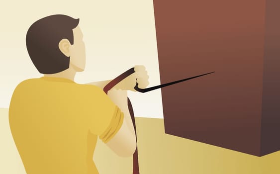 Rear view of a man pulling a cabinet with a rope