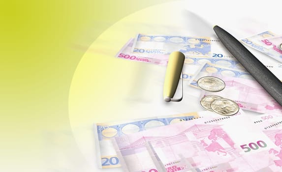 Pen on Euro bank notes and coins
