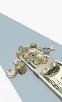 High angle view of one hundred dollar bills and coins