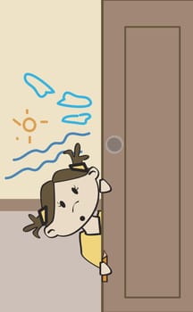 Girl peeping from behind a door