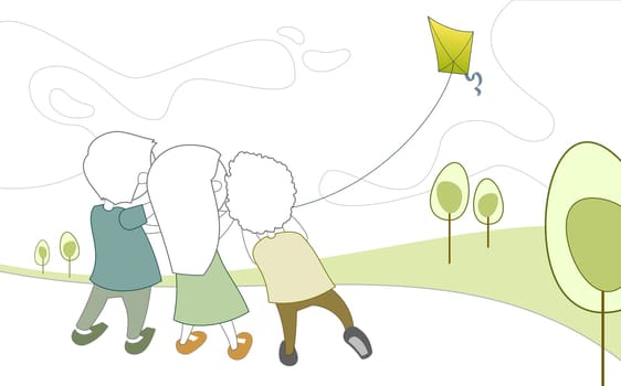 Rear view of two boys and a girl flying a kite
