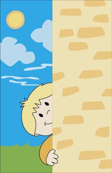 Boy hiding behind a wall
