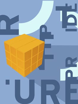 Close-up of a cube and alphabets on a blue background