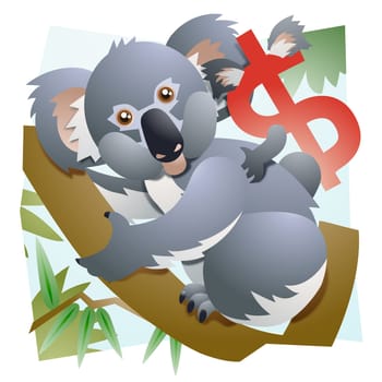 Koala bear family resting on a tree branch with a dollar sign