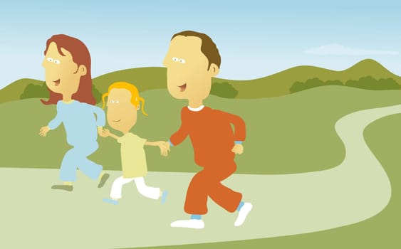Parents and their daughter jogging