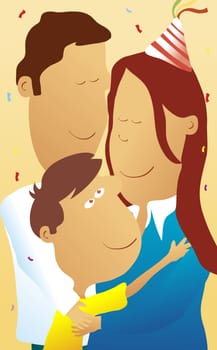 Boy hugging his parents at his birthday party