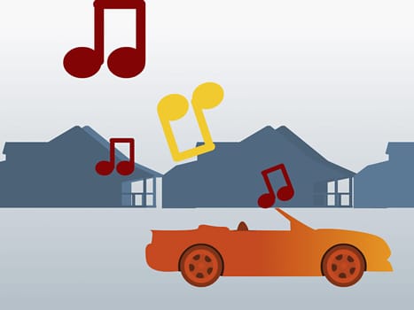 Music scores over a convertible car on the road