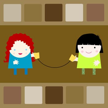 Two girls holding a tin cane phone