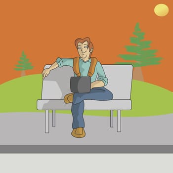 Man sitting on a park bench with a laptop