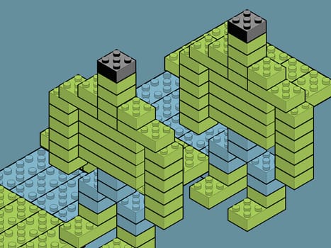 High angle view of robots made with plastic blocks