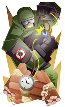 High angle view of a superhero defusing a bomb