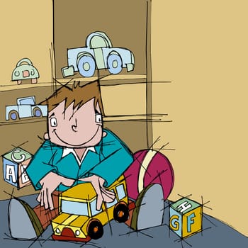 Boy playing with a toy bus