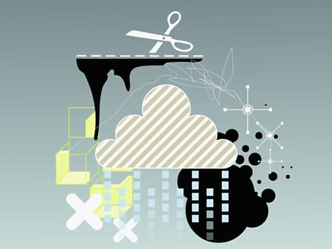 Clouds and a pair of scissors with geometric shapes