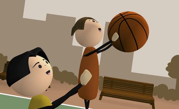 Father teaching his son basketball