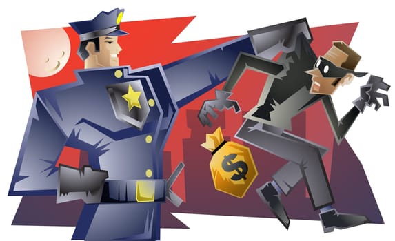 Policeman arresting a burglar
