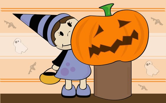 Girls standing near a Halloween pumpkin