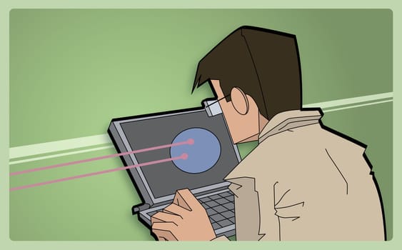 Rear view of a man working on a laptop