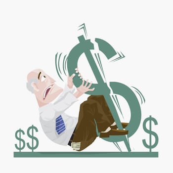 Businessman hanging by a dollar sign