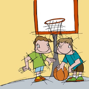 Two boys playing basketball