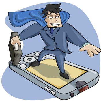 Businessman flying on a personal data assistant