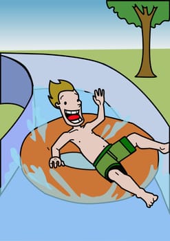 Boy sliding down a water slide