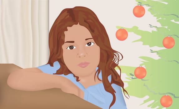 Woman sitting near a Christmas tree