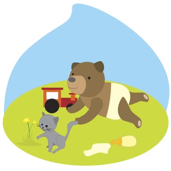Bear cub and a kitten playing in a field