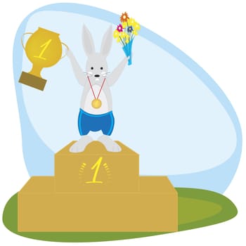 Rabbit standing on a podium with a trophy