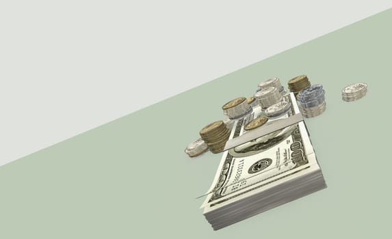 Close-up of one hundred dollar bills and stacked coins