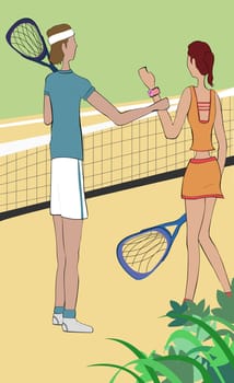Man holding a woman's hand on a tennis court