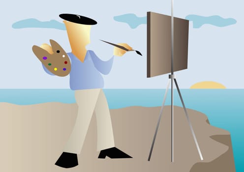 Painter painting a picture on an easel