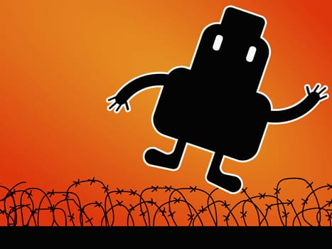 Robot jumping in front of a barbed wire fence