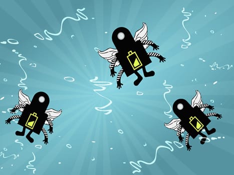 Three robots on a turquoise background