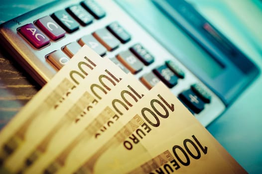 Close_up of European union currency on a calculator