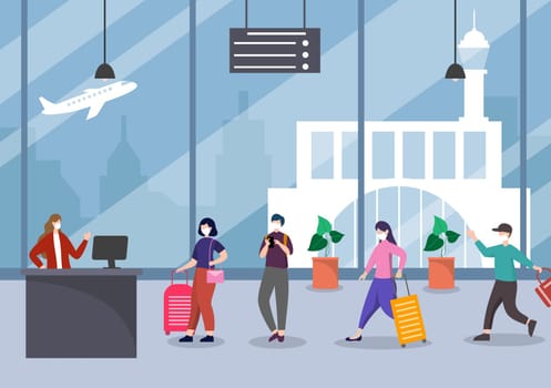 New norma, Vector illustration People in Masks Observe Social Distancing in the Interior Airport, Check-in Line and Queue Travel Flat Design Template