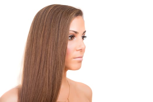 Beautiful Brunette Girl with healthy long hair - isolated over white