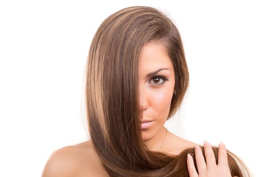 Beautiful Brunette Girl with healthy long hair - isolated over white