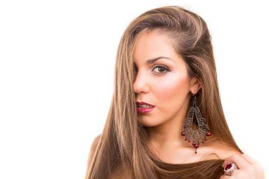 Beautiful Brunette Girl with healthy long hair - isolated over white