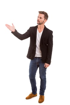 Young man presenting your product, isolated over a white background