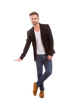 Young man presenting your product, isolated over a white background