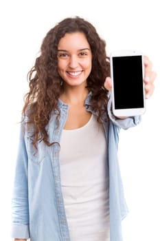 Business woman presenting your product on a last generation smartphone