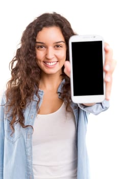 Business woman presenting your product on a last generation smartphone